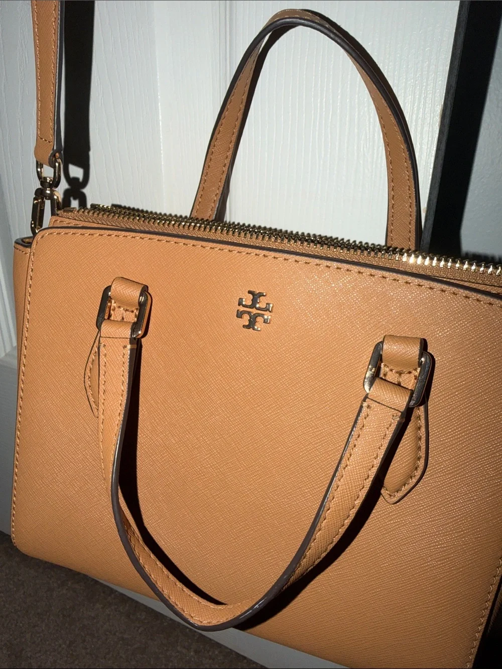 Tory Burch Mustard Pebbled Leather Mini Satchel with Gold Logo